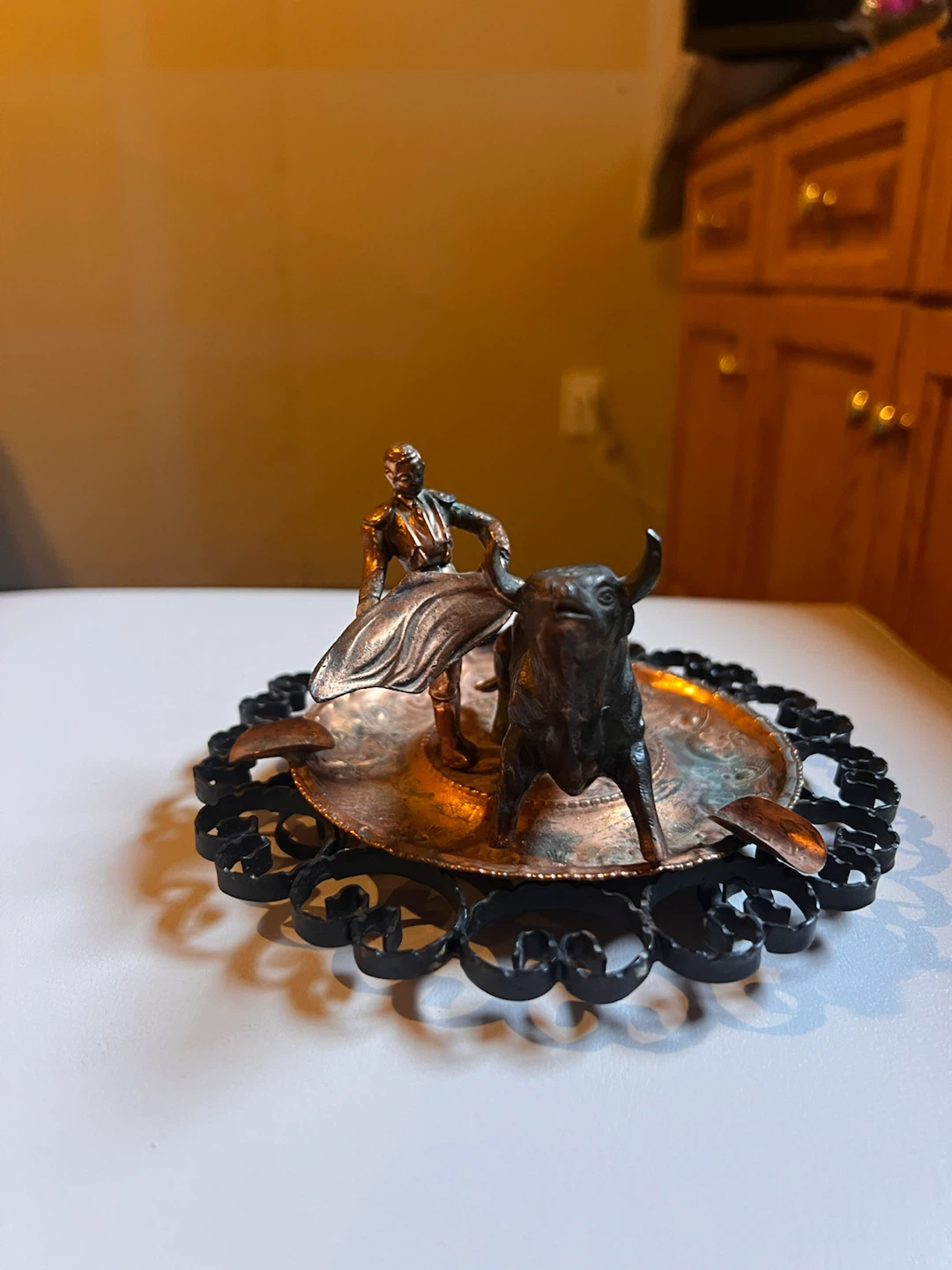 Vintage Bullfighter and Bull Copper Ashtray