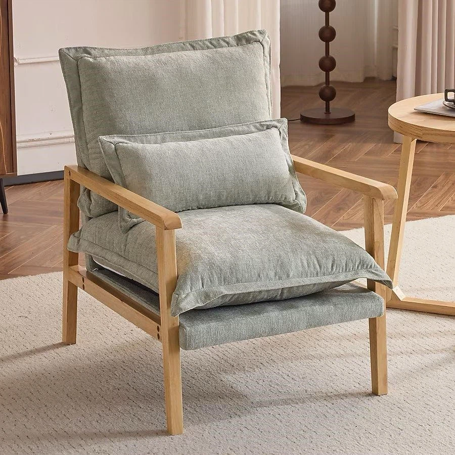 Modern Wooden Armchair with Sage Green Cushions