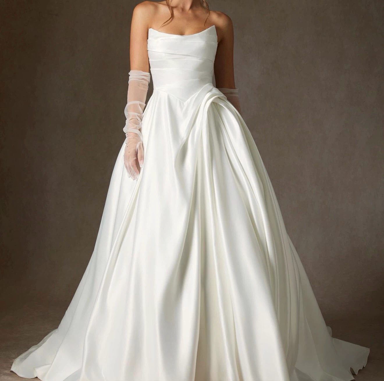 White strapless satin wedding dress