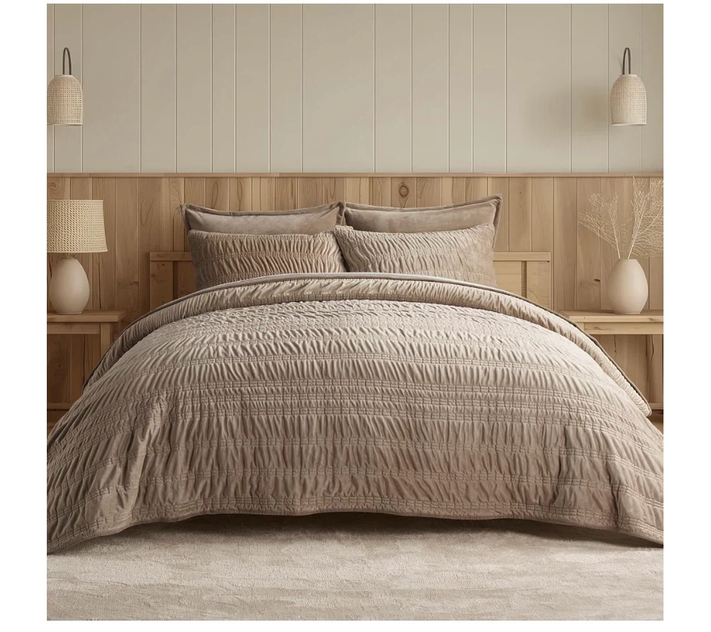 EverGrace Ruched Velvet Quilt Set, King/Cal King, Khaki Tan