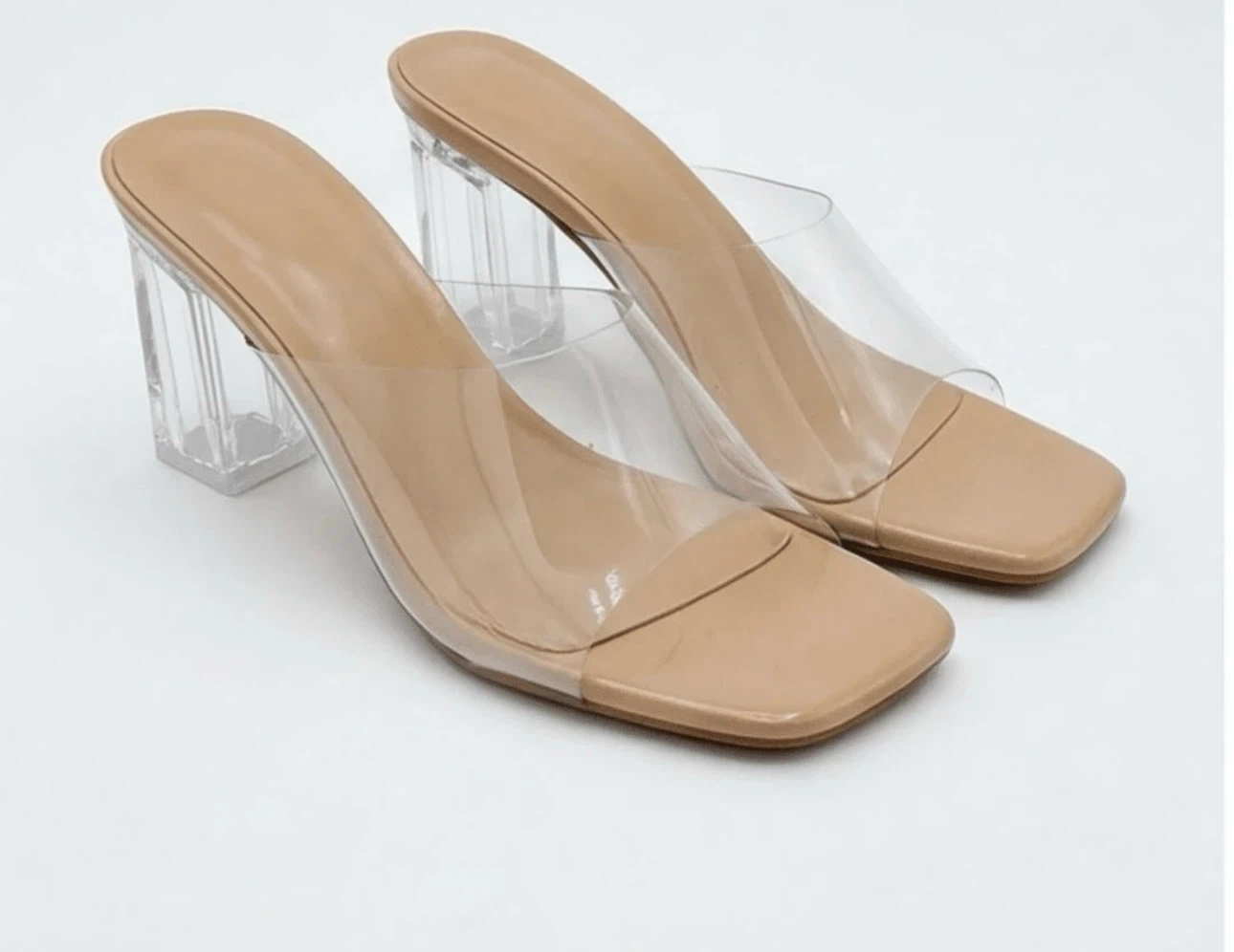 Clear Block Heel Mules, Nude