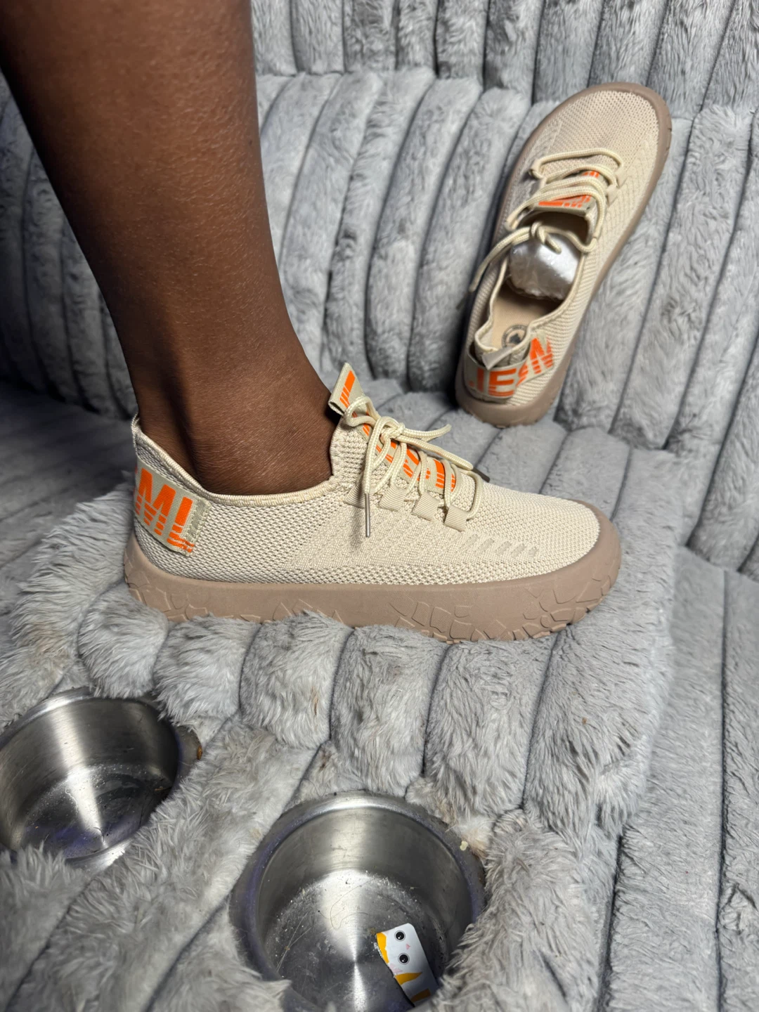 Beige and Orange Knit Sneakers