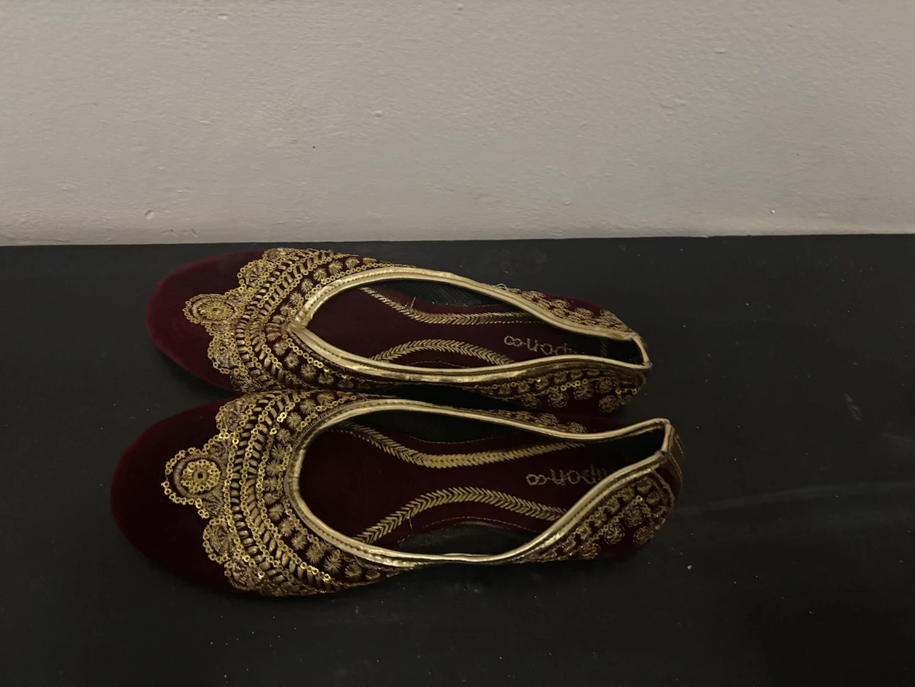 Maroon and Gold Embroidered Jutti Flats