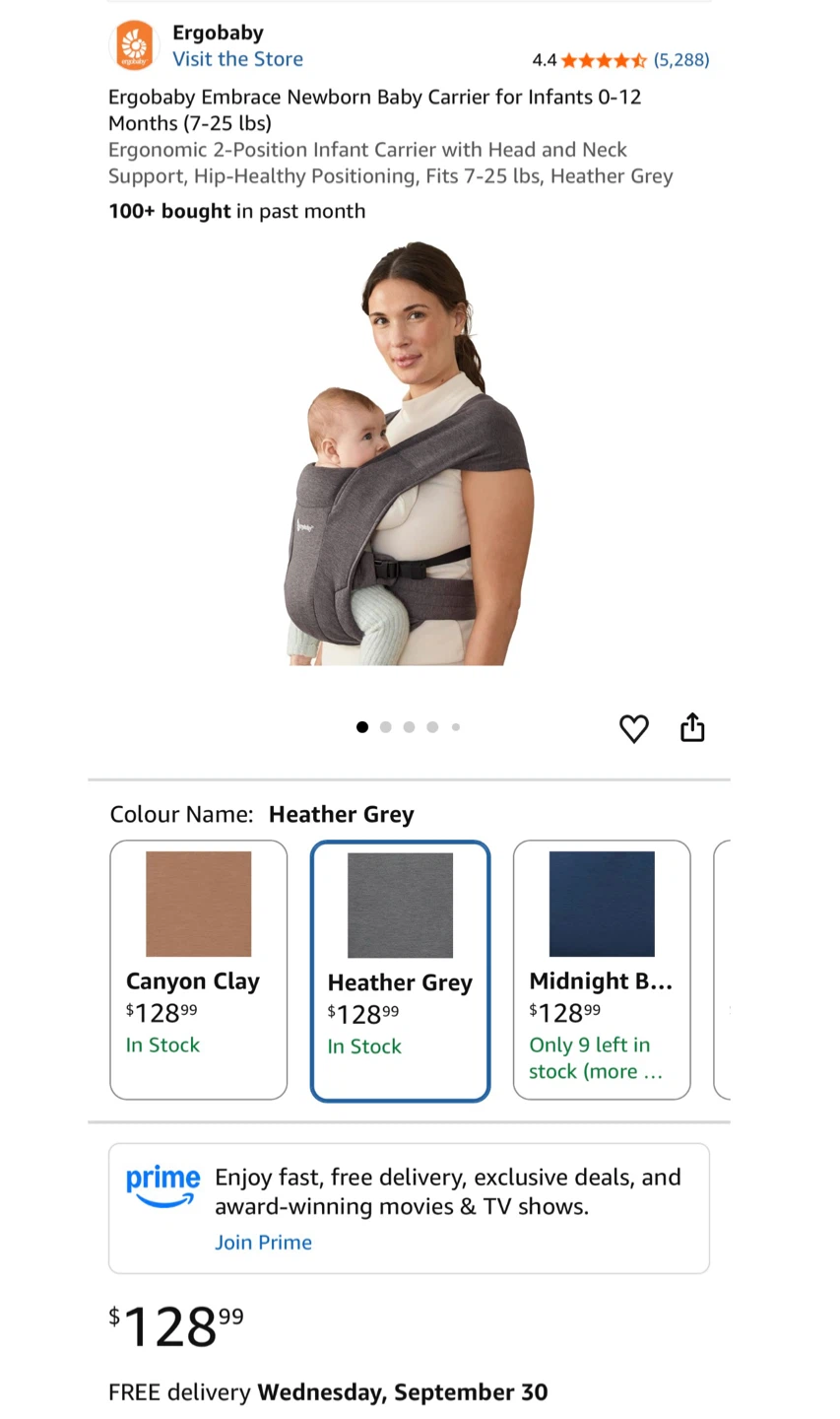 Ergobaby Embrace Newborn Baby Carrier - Heather Grey