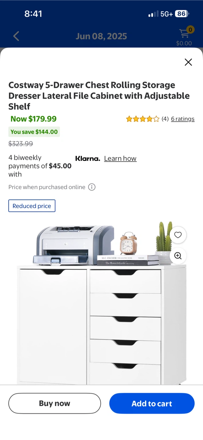 Unassembled Costway 5-Drawer Rolling Storage Cabinet