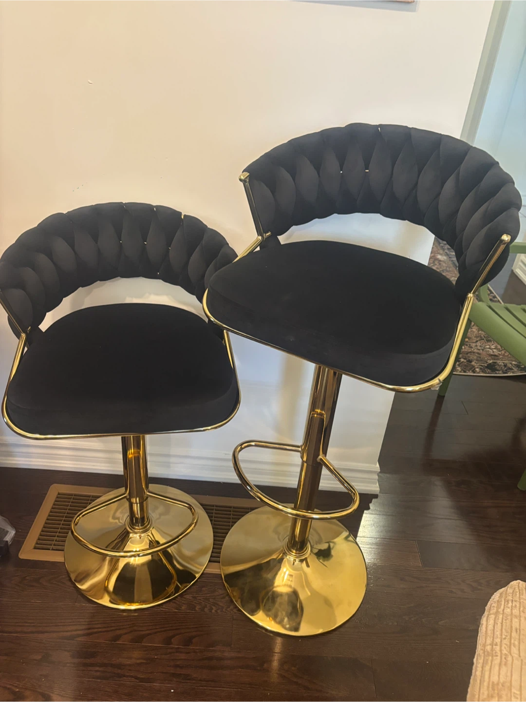Two Black Velvet Bar swivel Stools with Gold Base