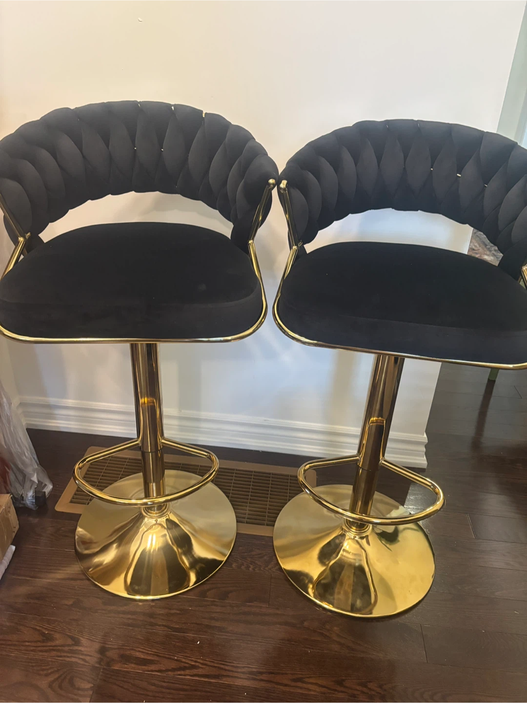 Two Black Velvet Bar swivel Stools with Gold Base - photo 2
