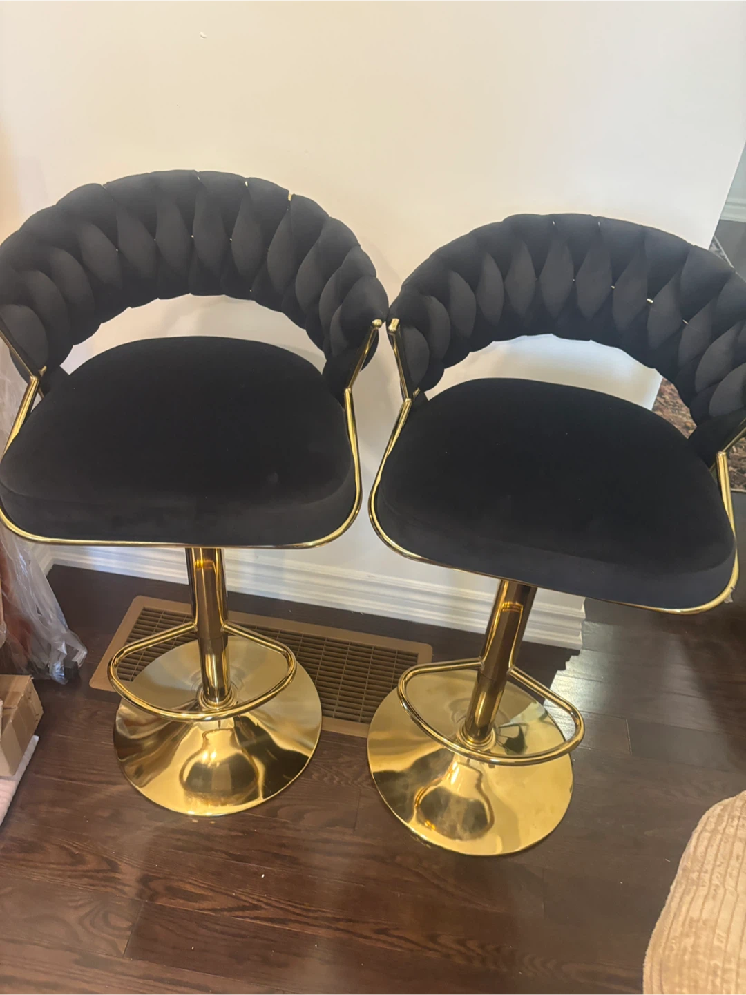 Two Black Velvet Bar swivel Stools with Gold Base - photo 3