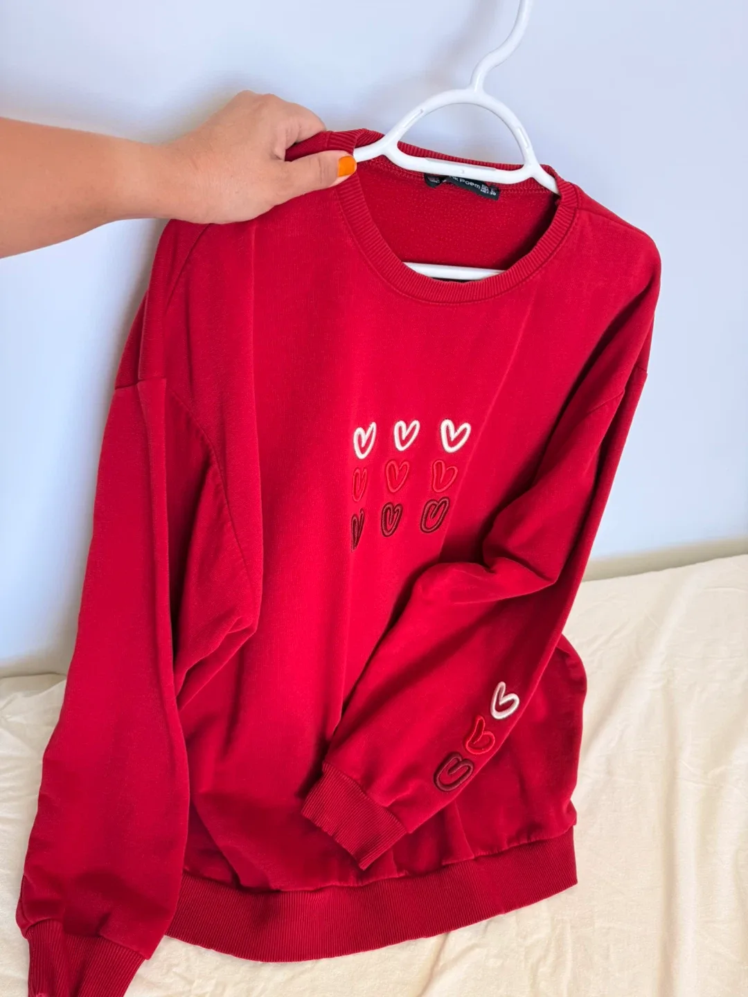 Pink Poem Red Heart Embroidered Sweatshirt