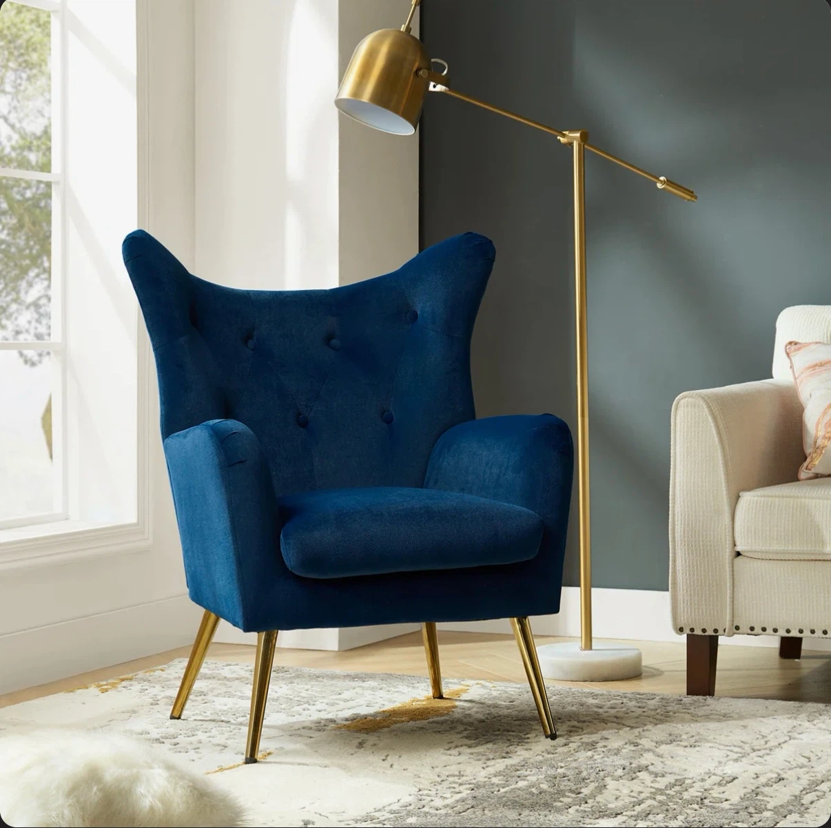 Tufted Navy Velvet Wingback Accent Chair