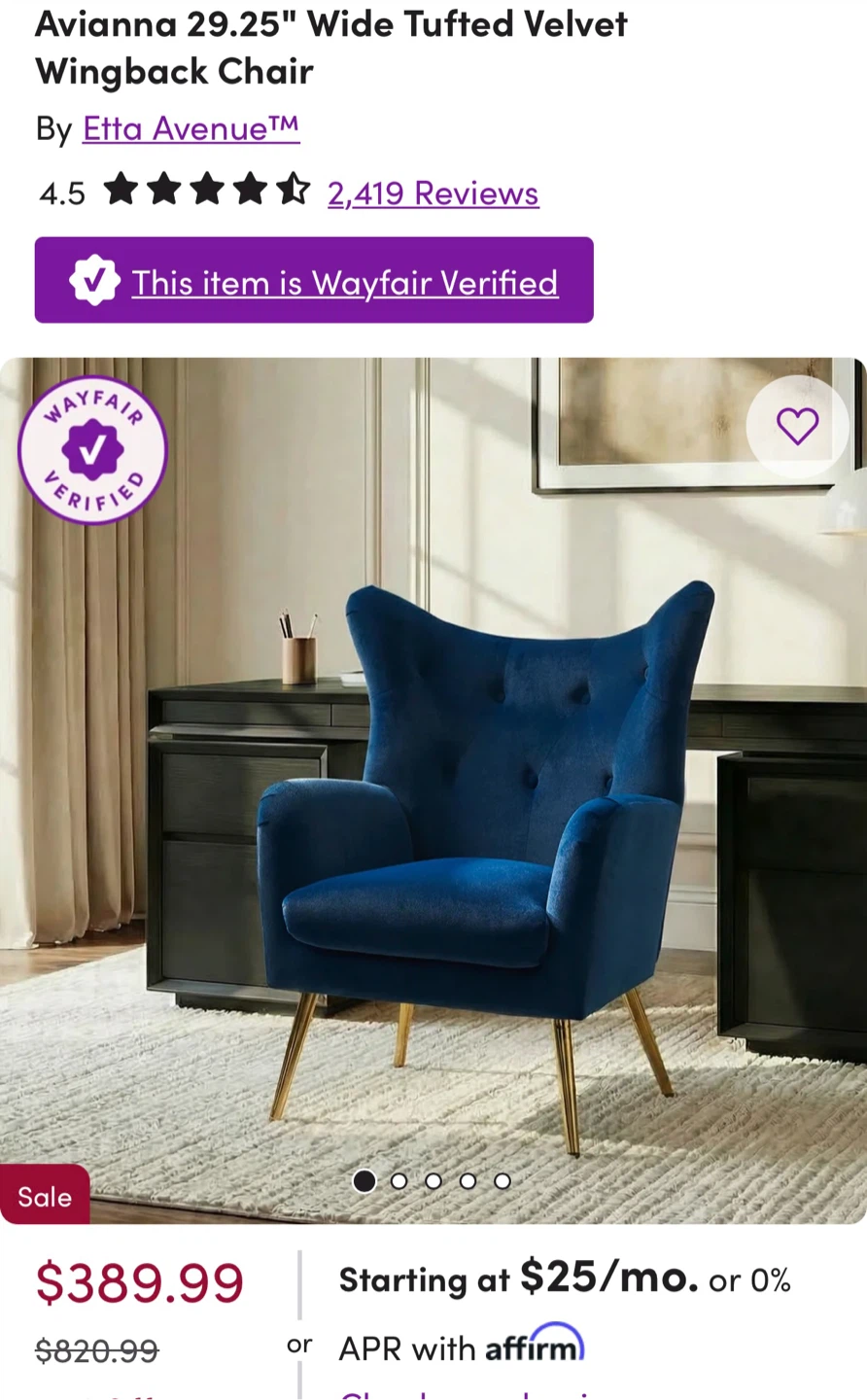 Tufted Navy Velvet Wingback Accent Chair - photo 5