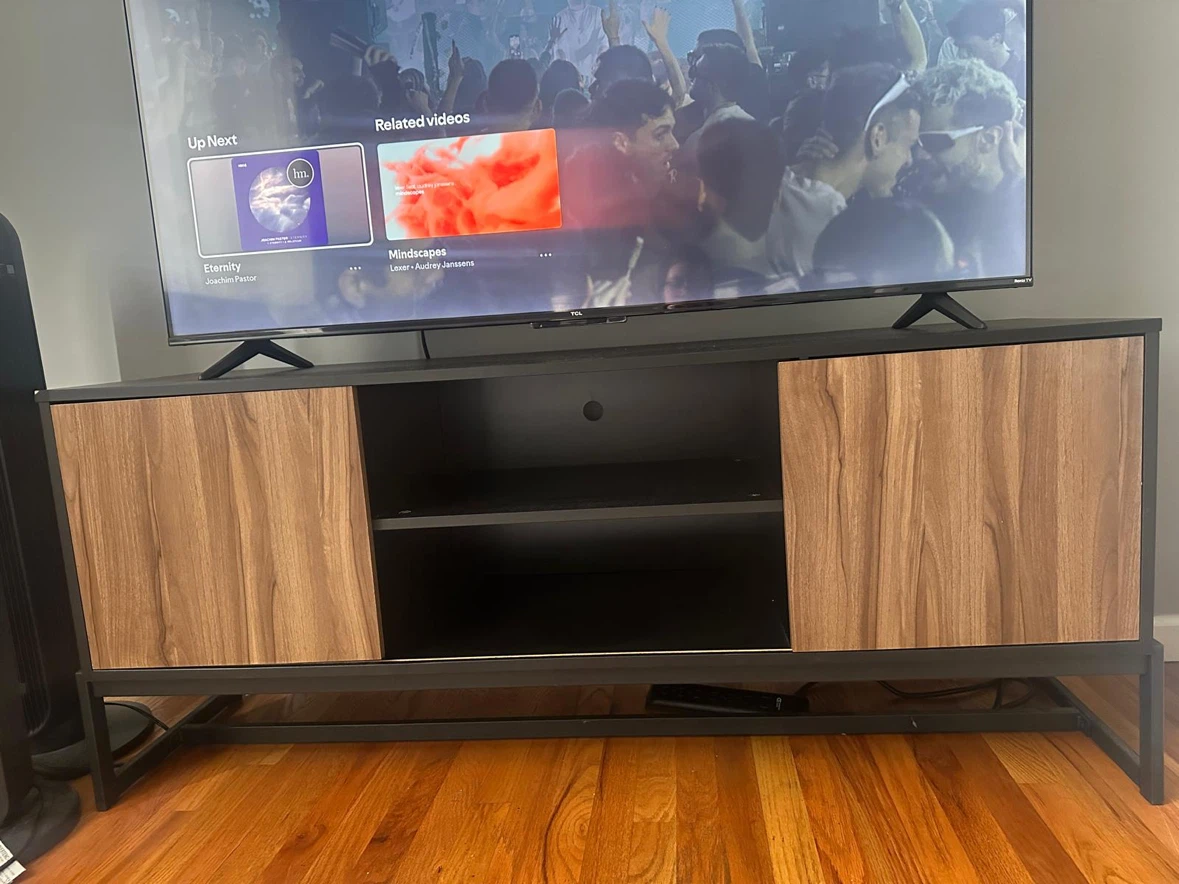 Modern TV Stand with Wood Grain Doors