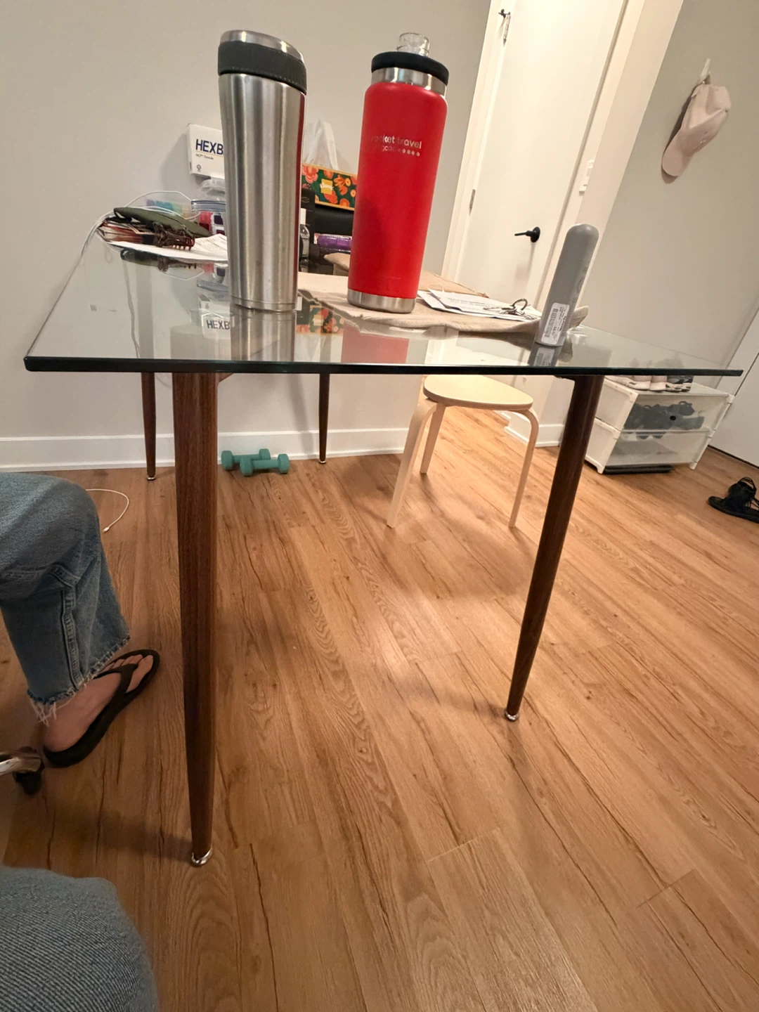 Glass Dining Kitchen Table With Wooden Metal Frame Legs - photo 2
