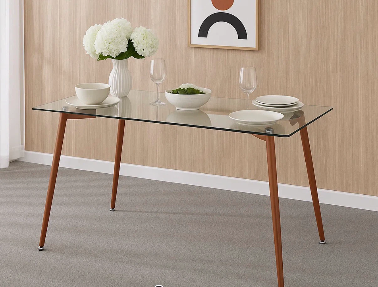 Glass Dining Kitchen Table With Wooden Metal Frame Legs - photo 3