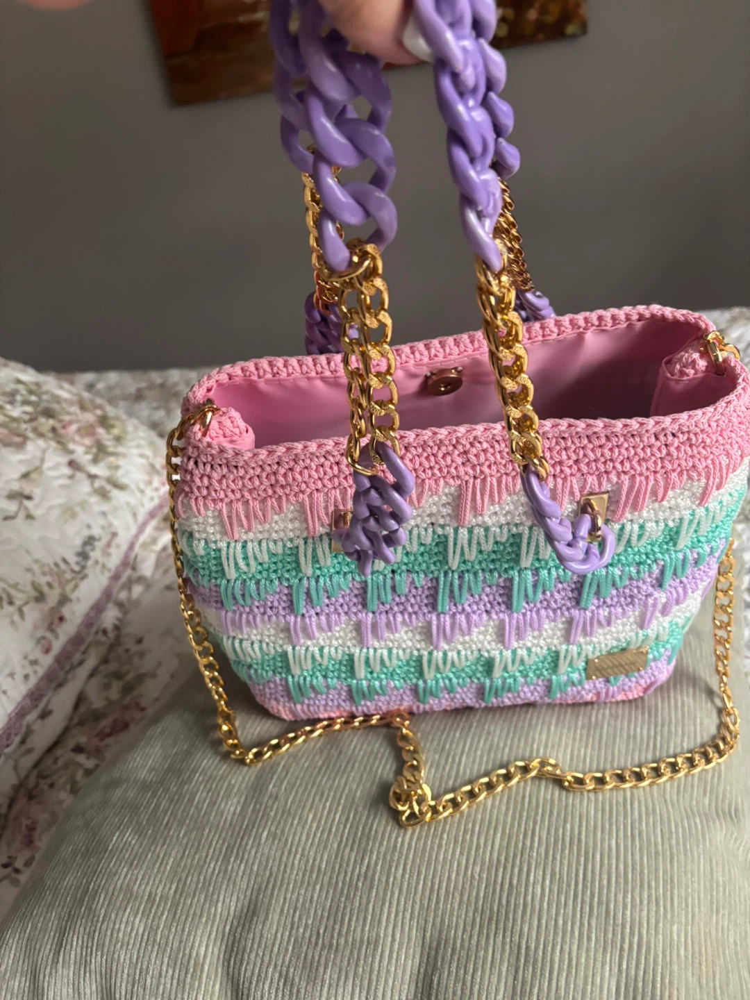 Brand New Handmade Pastel Crochet Crossbody Bag – Pink & Lilac - photo 2
