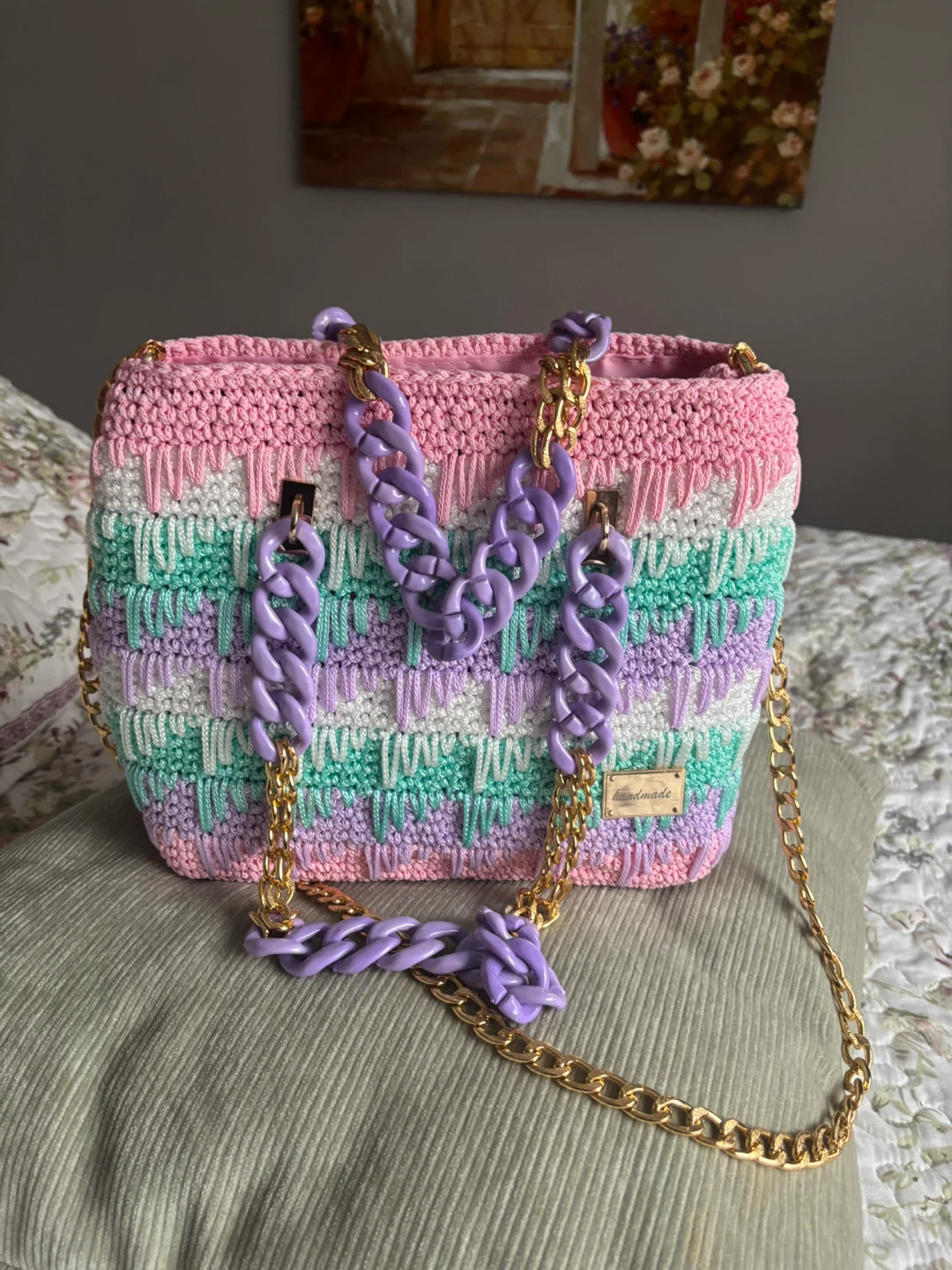 Brand New Handmade Pastel Crochet Crossbody Bag – Pink & Lilac - photo 4