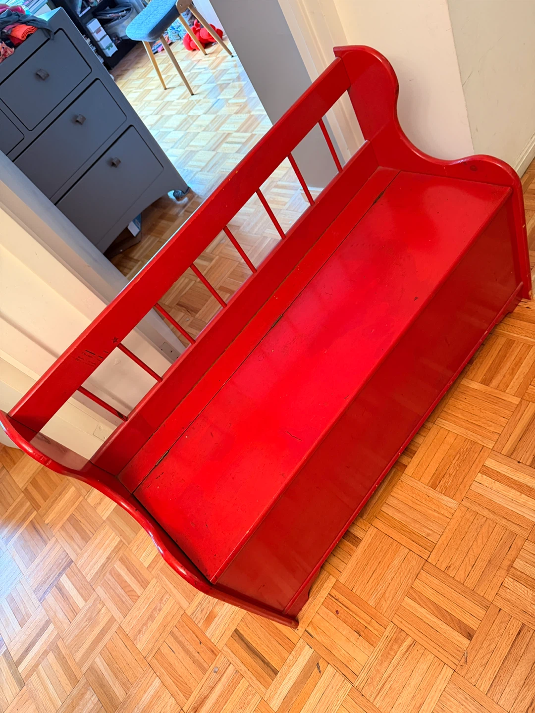 Vintage Red Wooden Storage Bench