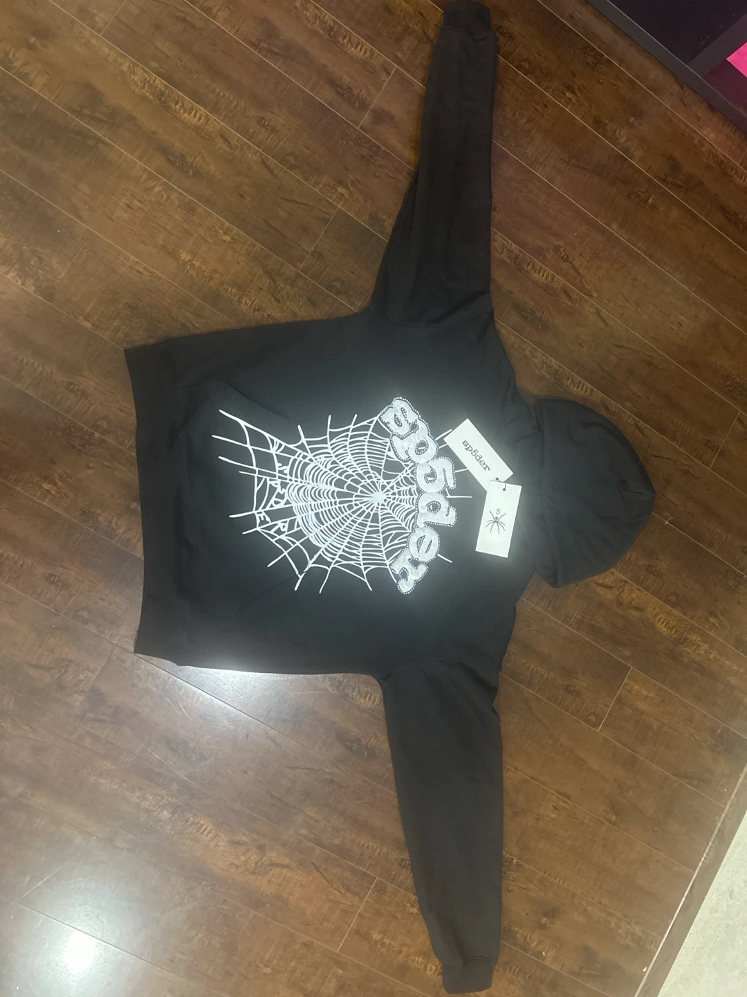 Sp5der Black Rhinestone Web Hoodie