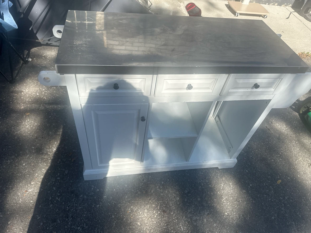 White Kitchen Island with Stainless Steel Top