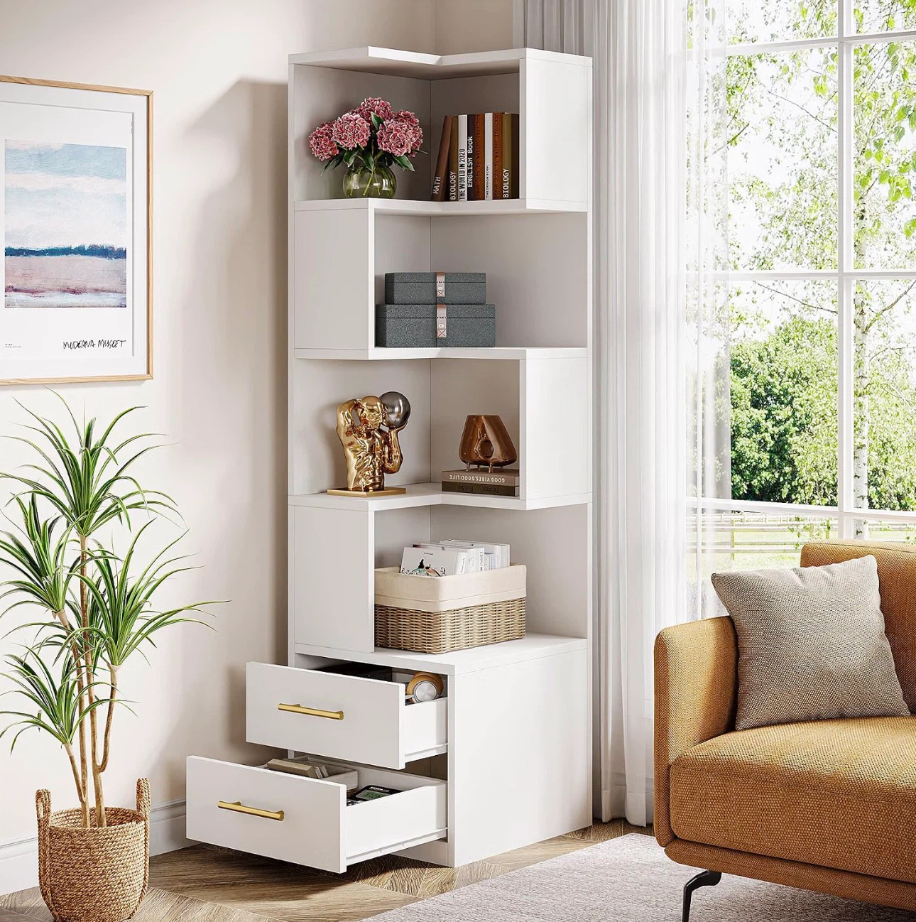 White Corner Bookshelf with Drawers