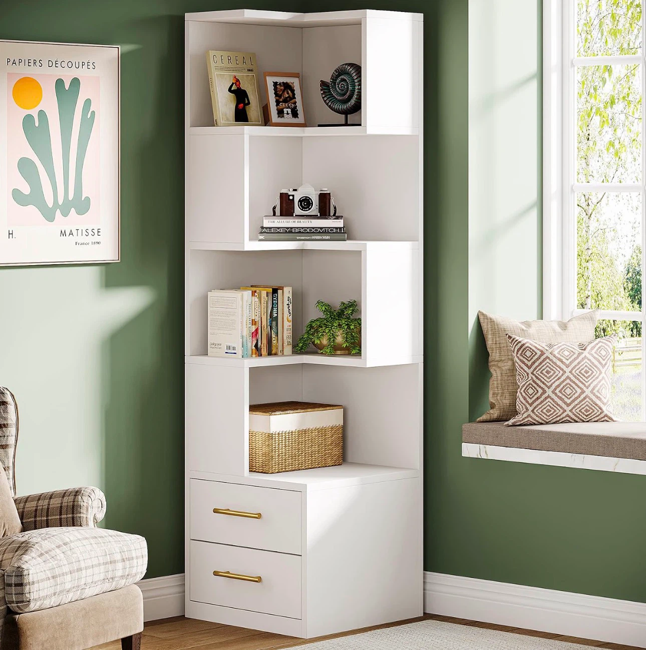 White Corner Bookshelf with Drawers - photo 2