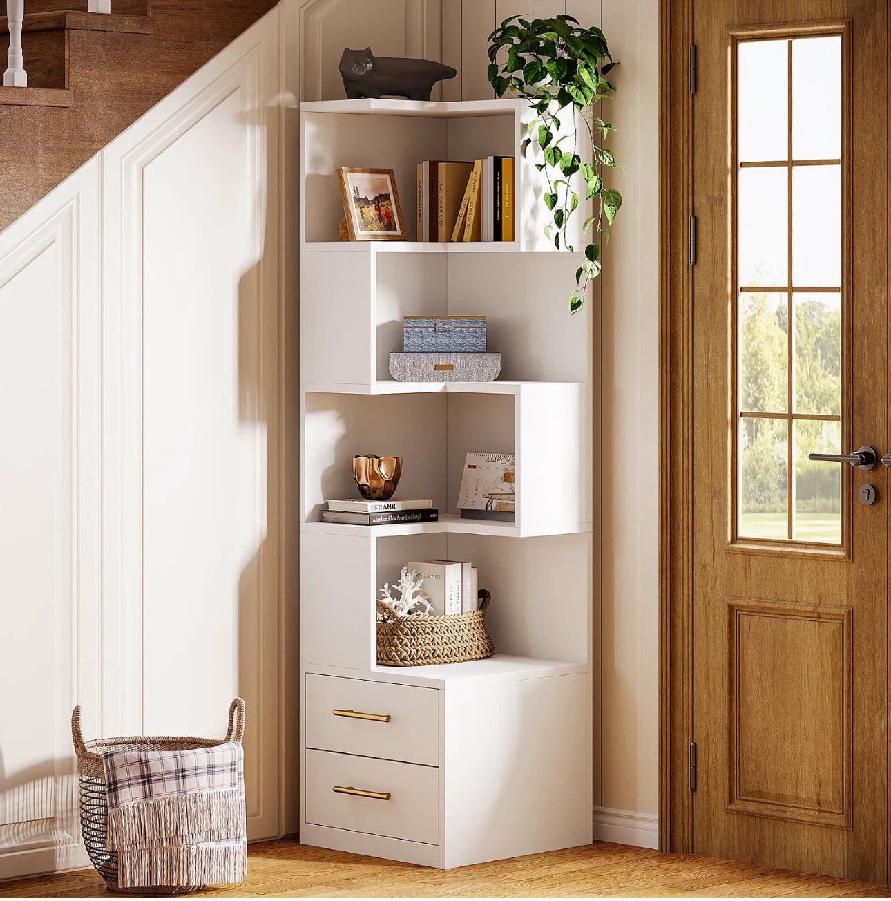 White Corner Bookshelf with Drawers - photo 3
