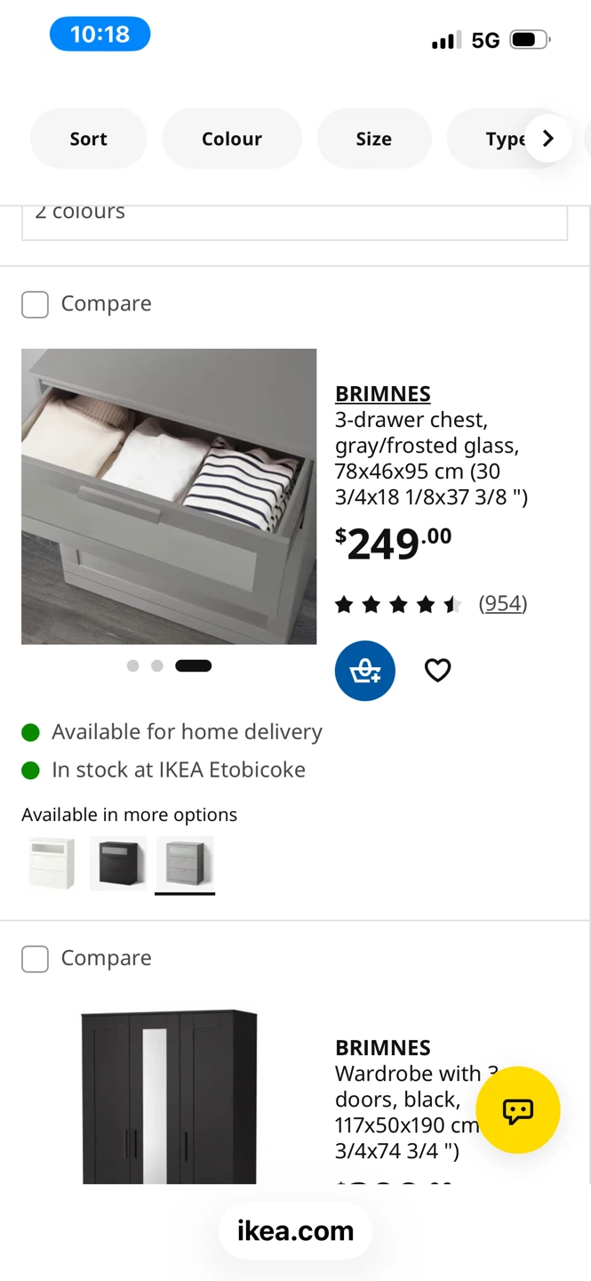 IKEA BRIMNES 3-Drawer Chest, Gray/Frosted Glass