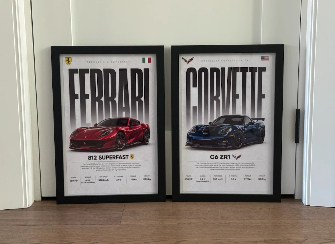 Ferrari 812 Superfast and C6 ZR1 Corvette Framed Posters