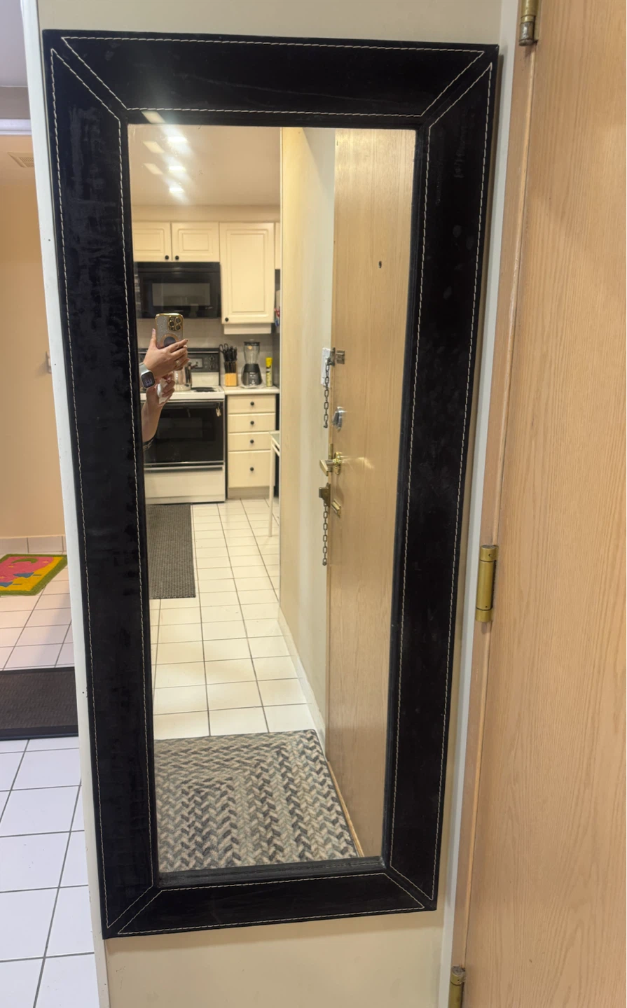 Black Full-Length Wall Mirror with Stitched Border