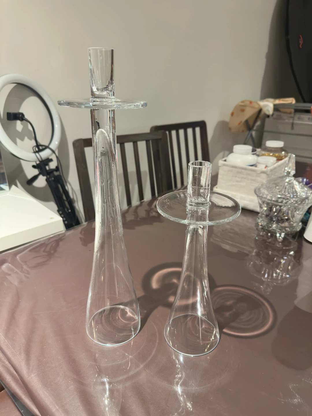 Set of Two Glass Candlestick Holders