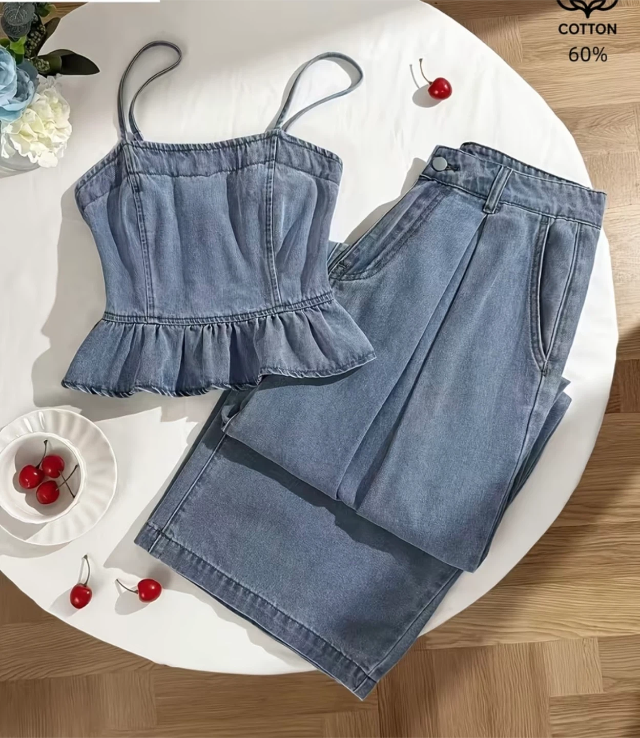 Denim Peplum Top and Wide Leg Trouser Set