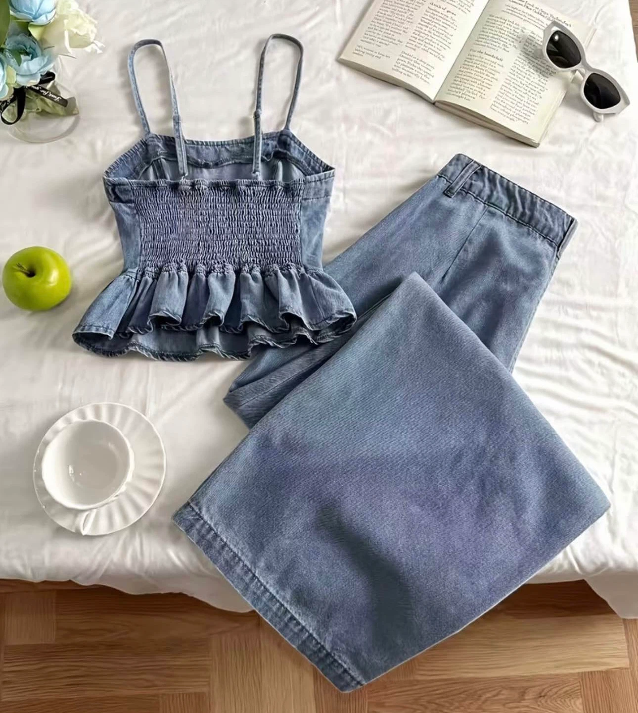 Denim Peplum Top and Wide Leg Trouser Set - photo 2