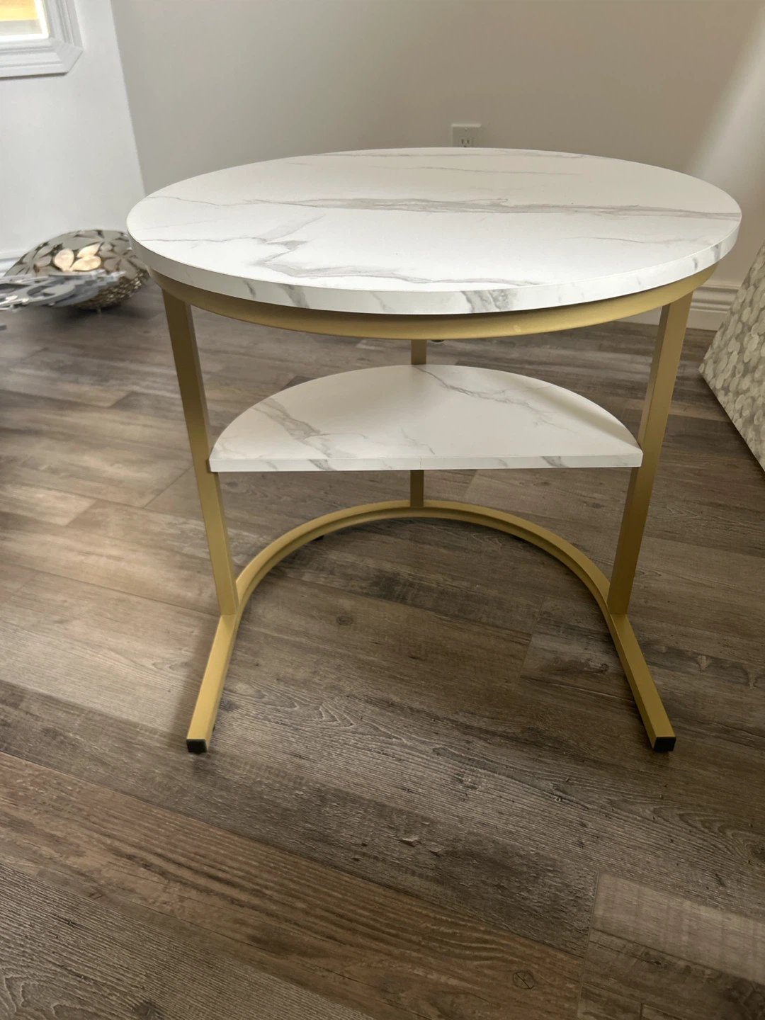 Round Side Table with Marble-Look Top