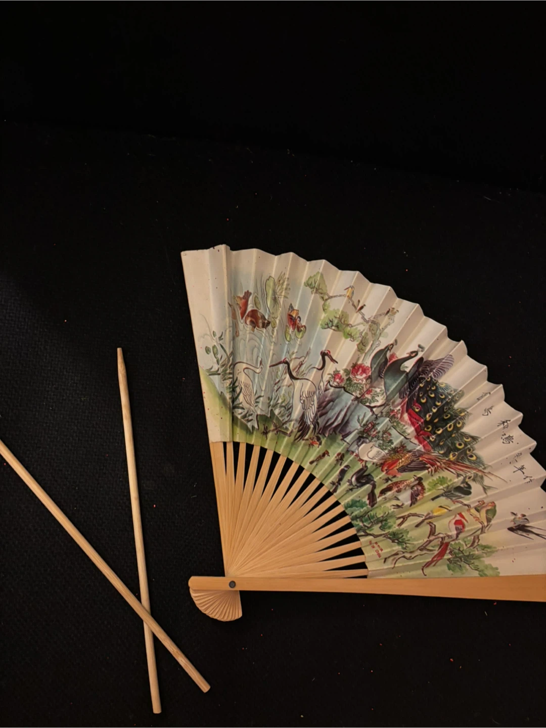 Vintage Handheld Folding Fan with Peacock Art