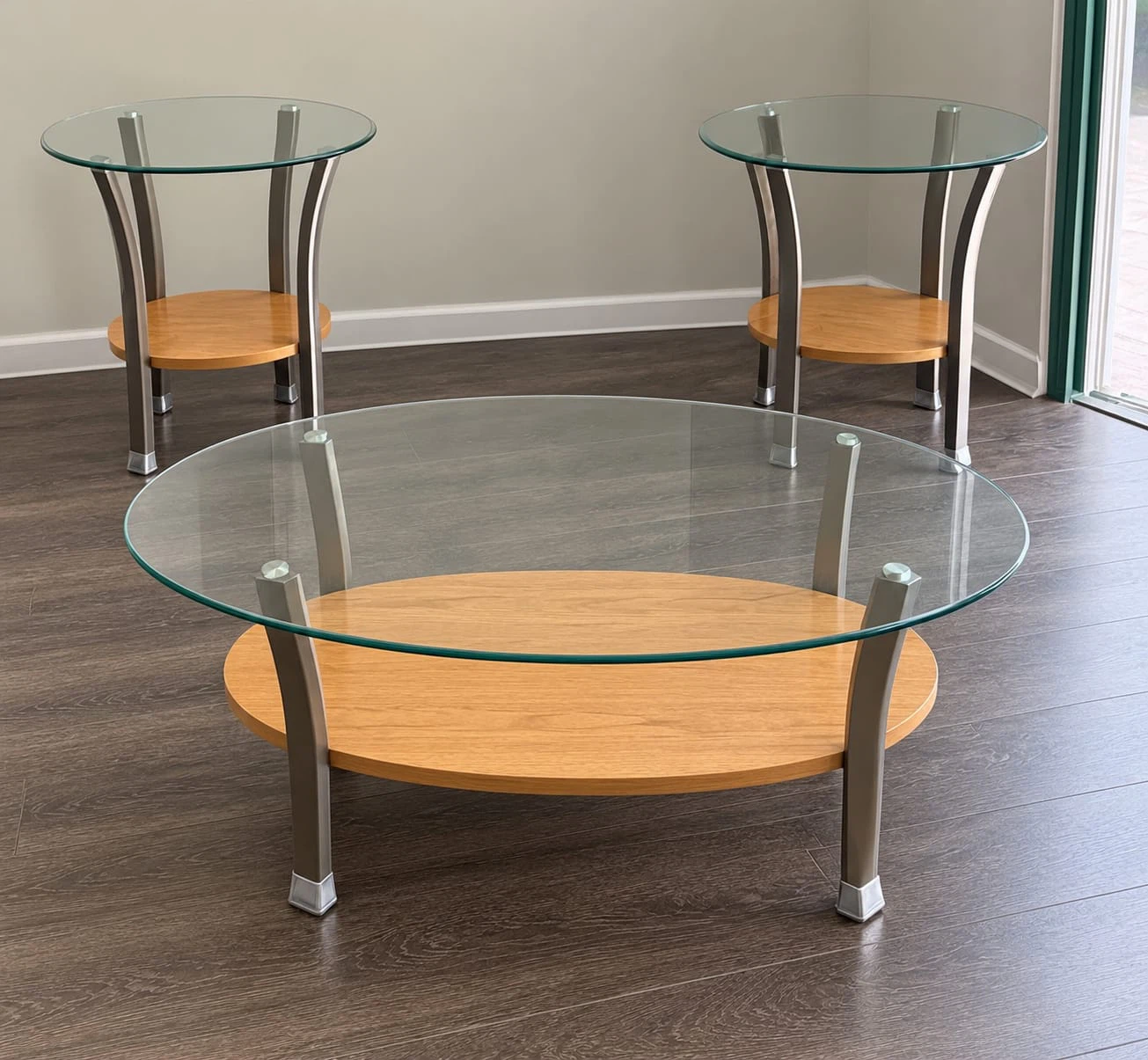 3 piece table set Glass and Wood Set