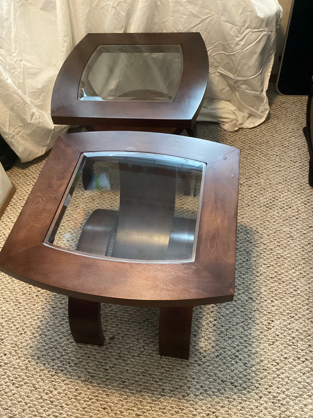 2 unique end tables wood & inset beveled glass end tables