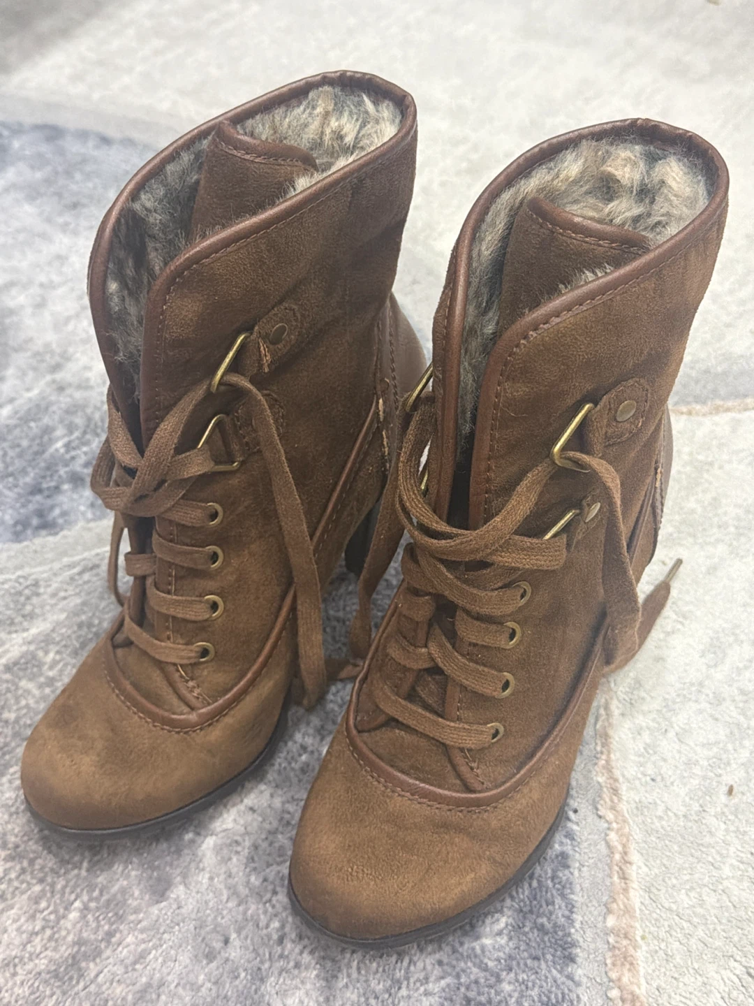 Brown Faux Fur Lined Lace-Up Ankle Boots