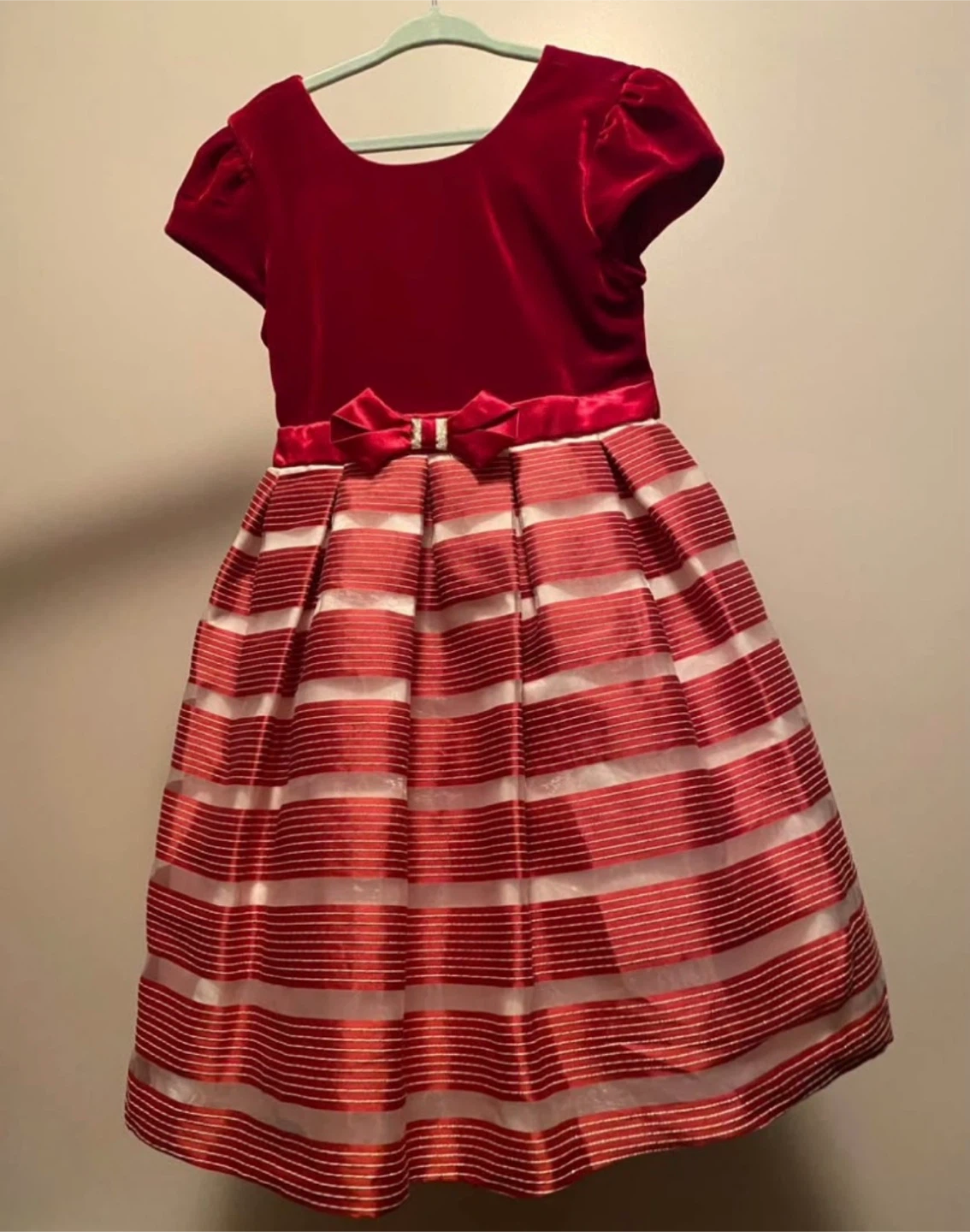 Girls Red Velvet Striped Holiday Dress