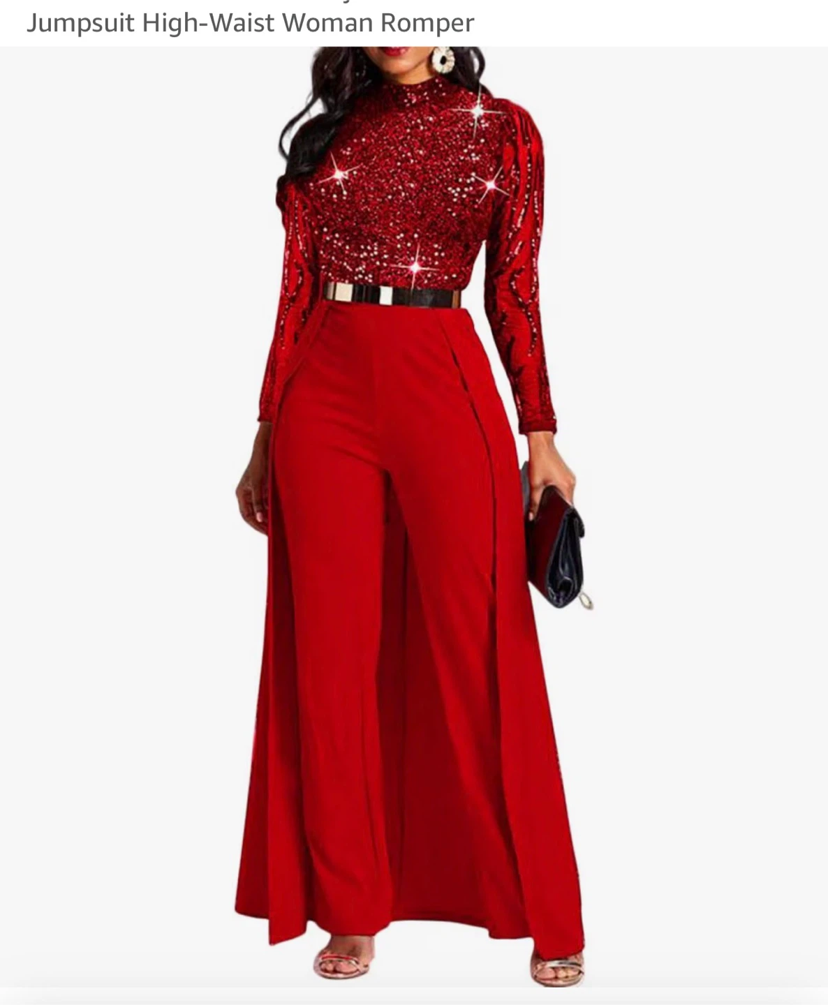Red High-Waist Sequin Jumpsuit