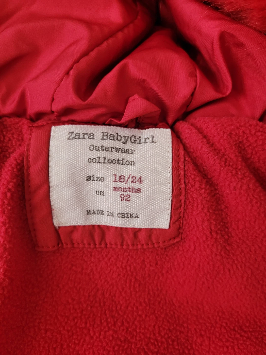 Zara BabyGirl Red Winter Coat Size 18/24Mo - photo 3