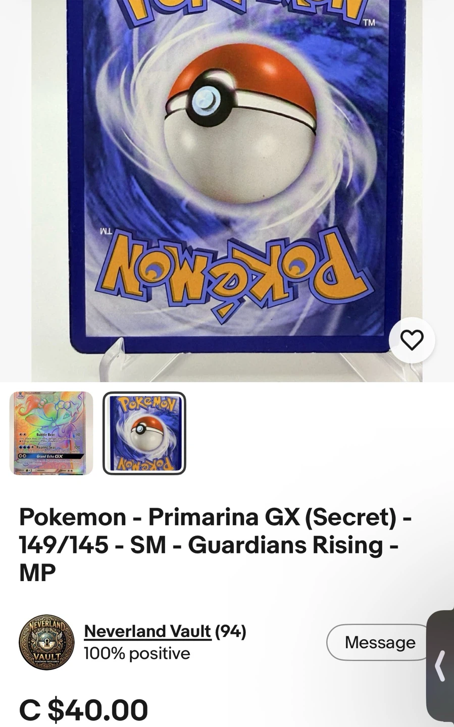 Pokemon Primarina GX Secret Rare 149/145 - photo 2
