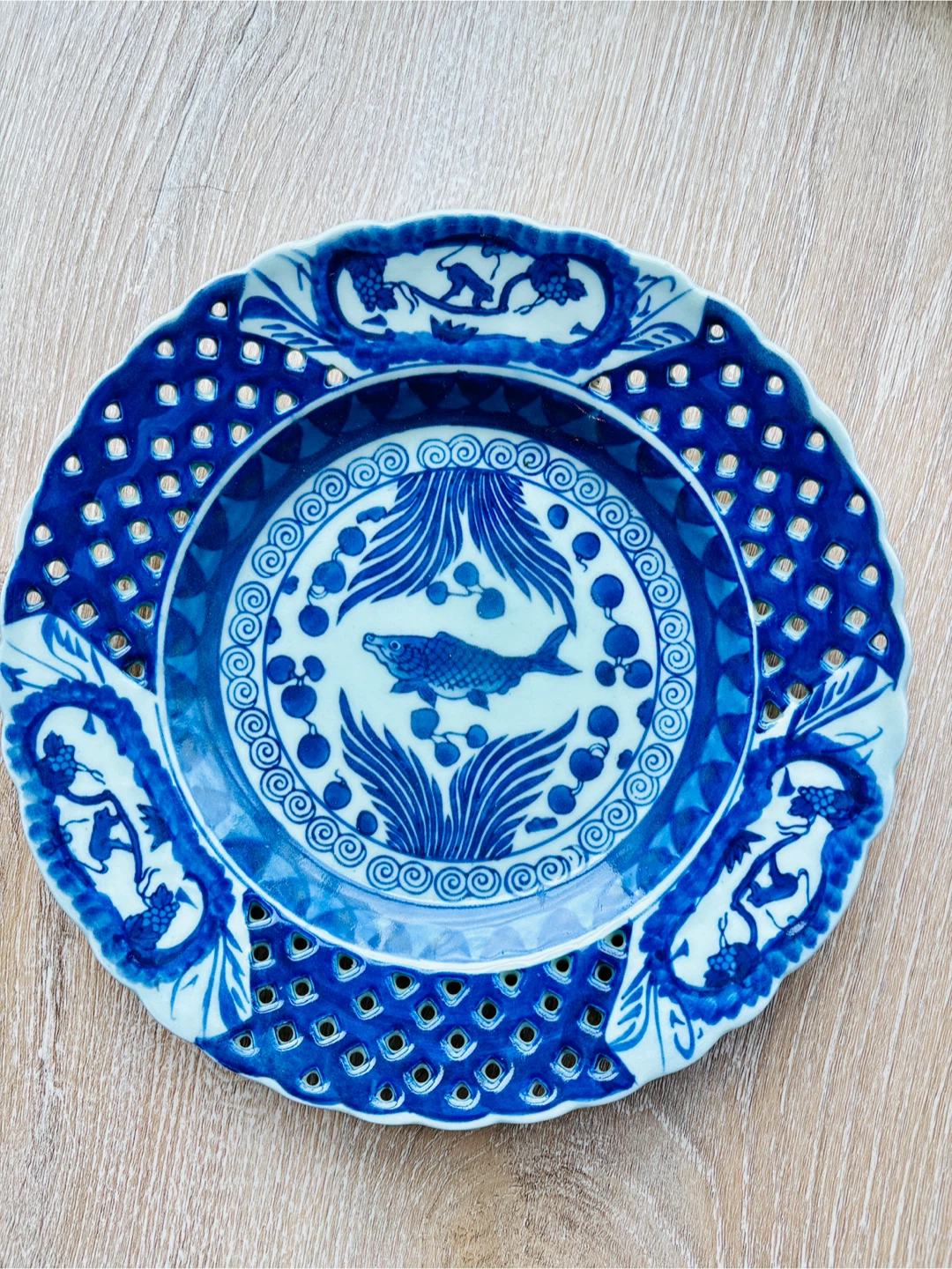 Vintage Chinese Celadon Fish Plate Qianlong Mark Handpainted