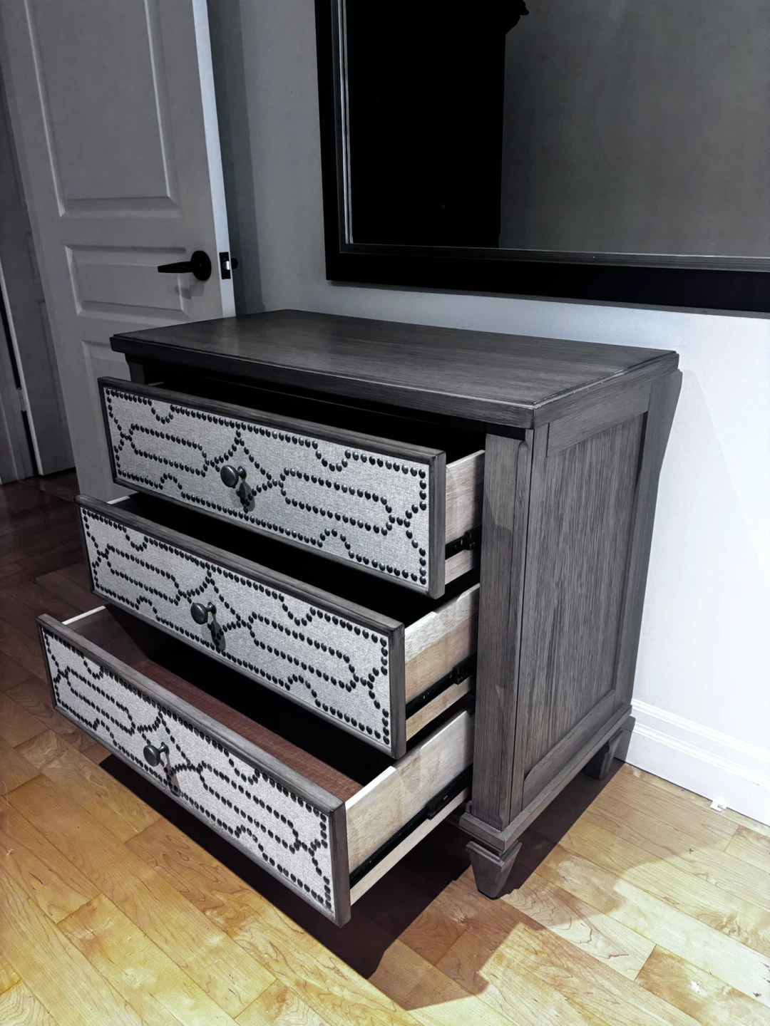 Grey Wooden 3-Drawer Bachelor Chest with Fabric Detail - photo 2