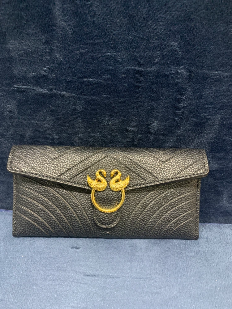 Black long wallet with swan clasp