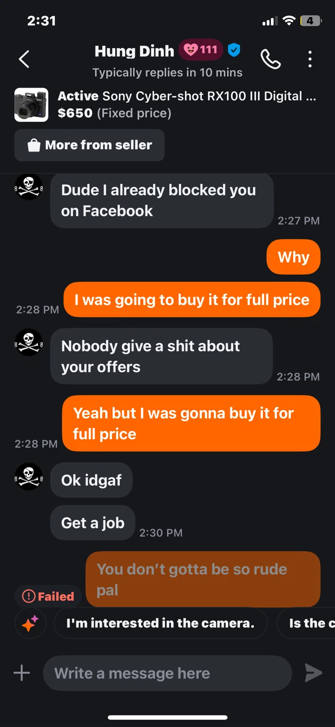 Rude seller on Karrot avoid Hung Dihn