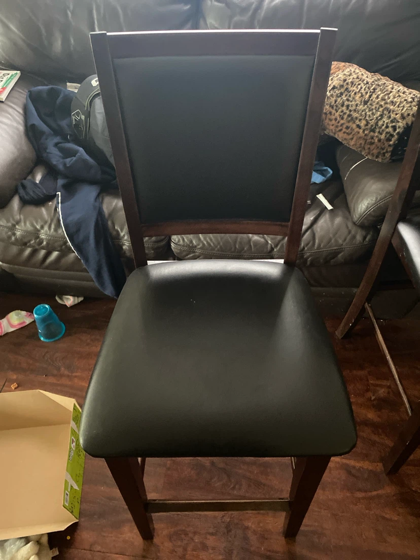 Dark wood bar stool with black faux leather seat chair 1
