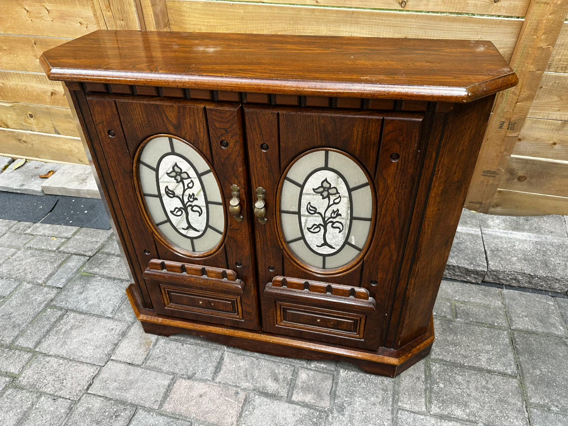Vintage Solid-Wood Cabinet with Stained Glass & Mirrored Inlays