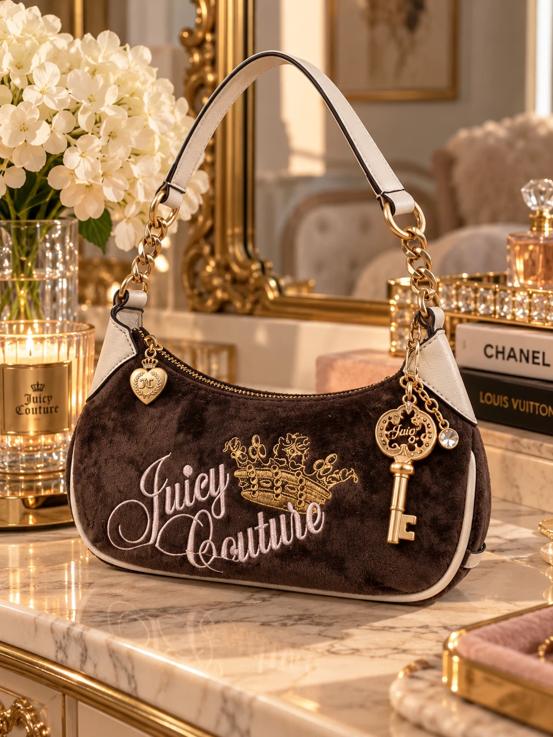 Juicy Couture Brown Velour Shoulder Bag .Gold Key & Heart Charms