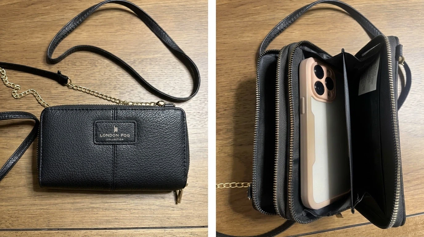 London Fog Black Crossbody Wallet – Fits Phone!