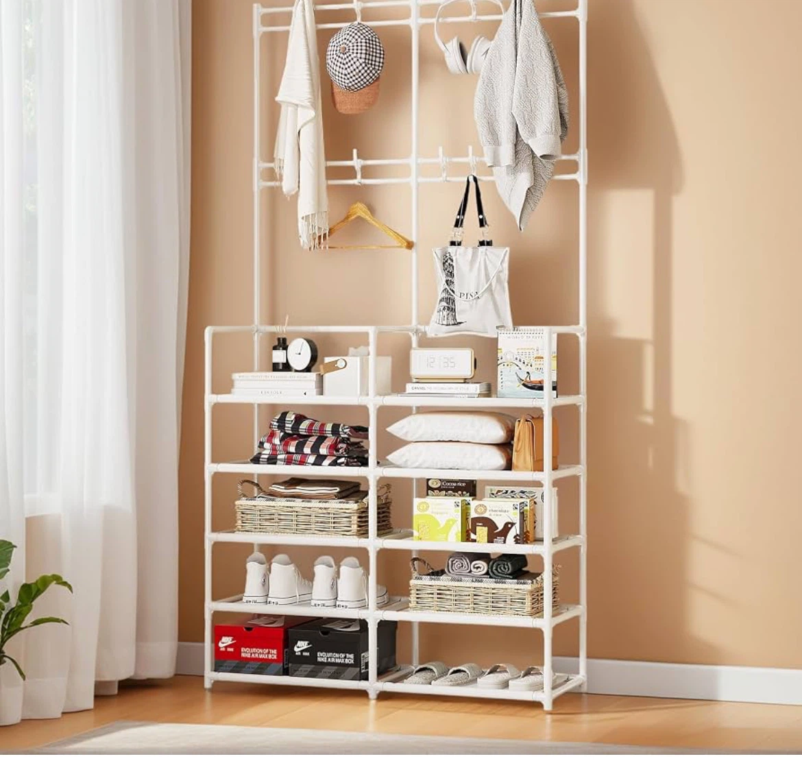 White Metal Coat Rack and Shoe Storage Organizer
